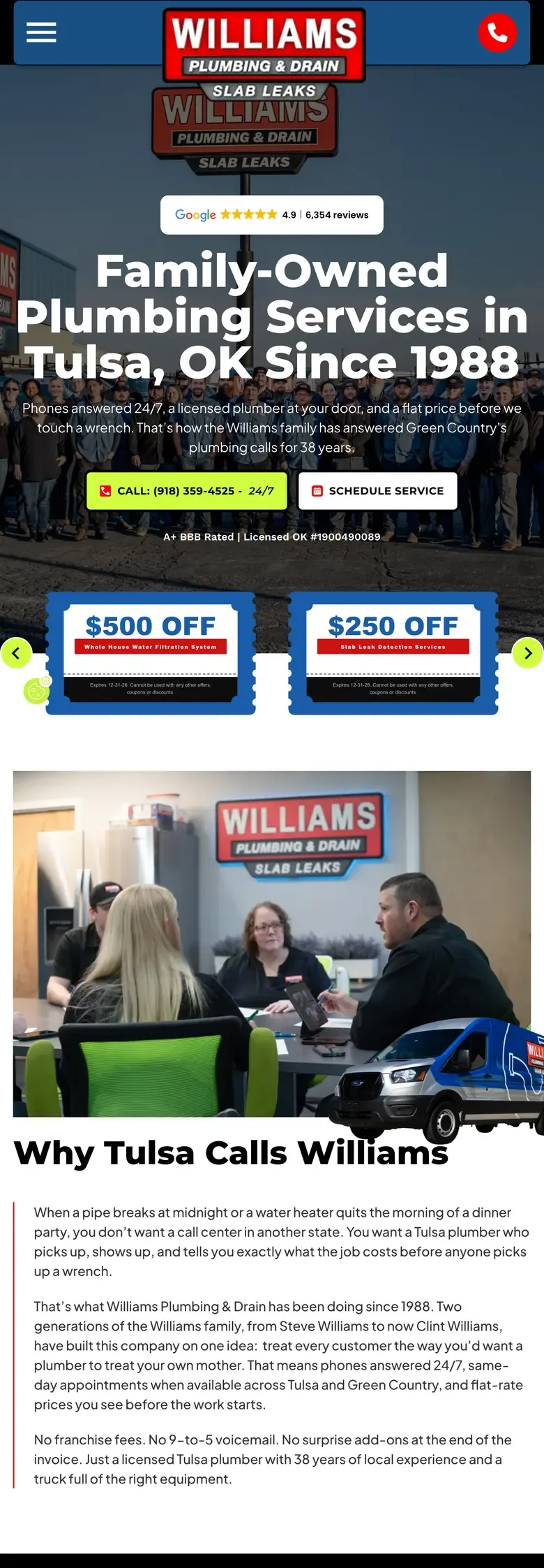 The Williams Plumbing & Drain website on a tablet